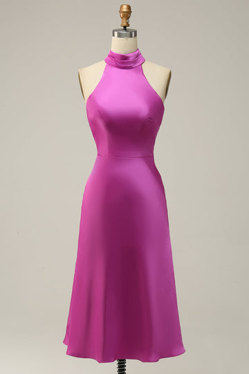 Fuchsia Mermaid Halter Satin Open Back Midi Bridesmaid Dress